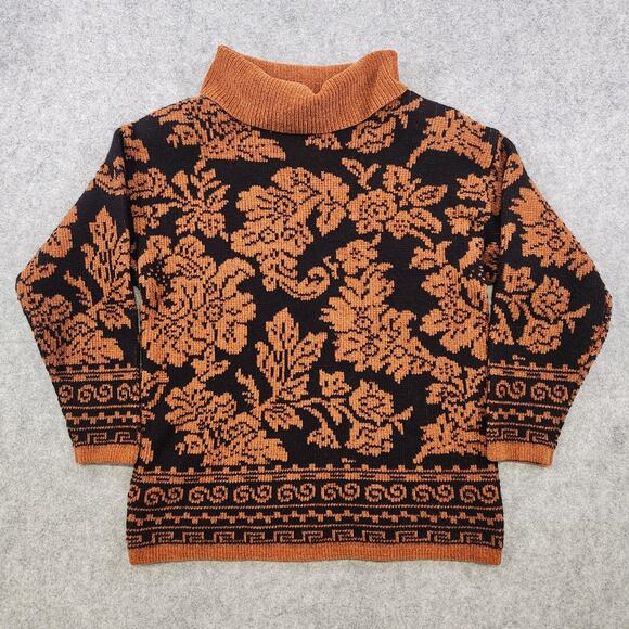 VTG Orvis Sweater Women Small Black Orange Turtleneck Wool Blend Floral Jacquard - Picture 2 of 11